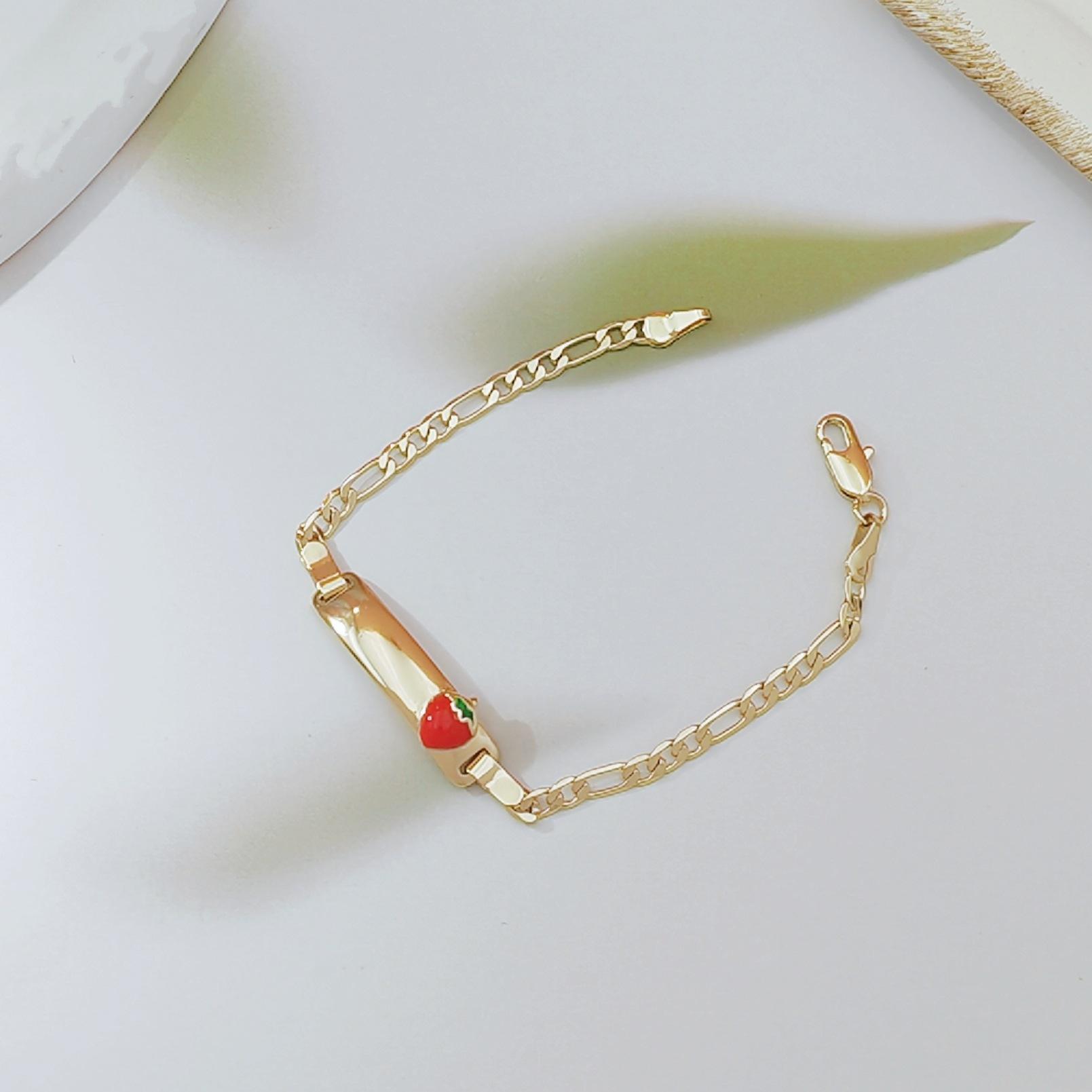 18K Gold Plated Brass Square Tag Bracelet for Women Cute Cartoon Strawberry Enamel Charm Dainty Luxury Jewelry Trendy High-End Aesthetic Accessory for Daily Wear & Gift Giving