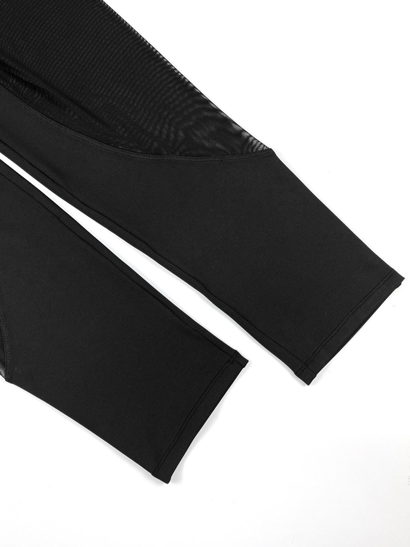 【Plus Size】Solid Color Contrast Mesh Leggings, Casual Comfy Breathable High Waist Skinny Pants for Yoga Gym Workout, Women's Bottoms for All Seasons