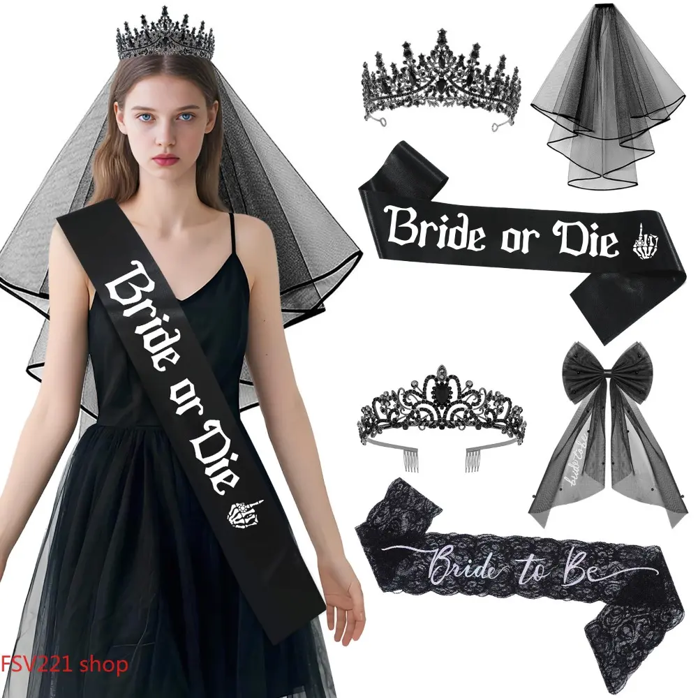 Gothic-style bridal bachelorette party set: includes a black veil, a crown, and a "Bride or Die" sash. Suitable for birthday or Halloween parties; spooky bride-to-be accessories featuring a crown and sash; black veil and crown perfect for themed parties.