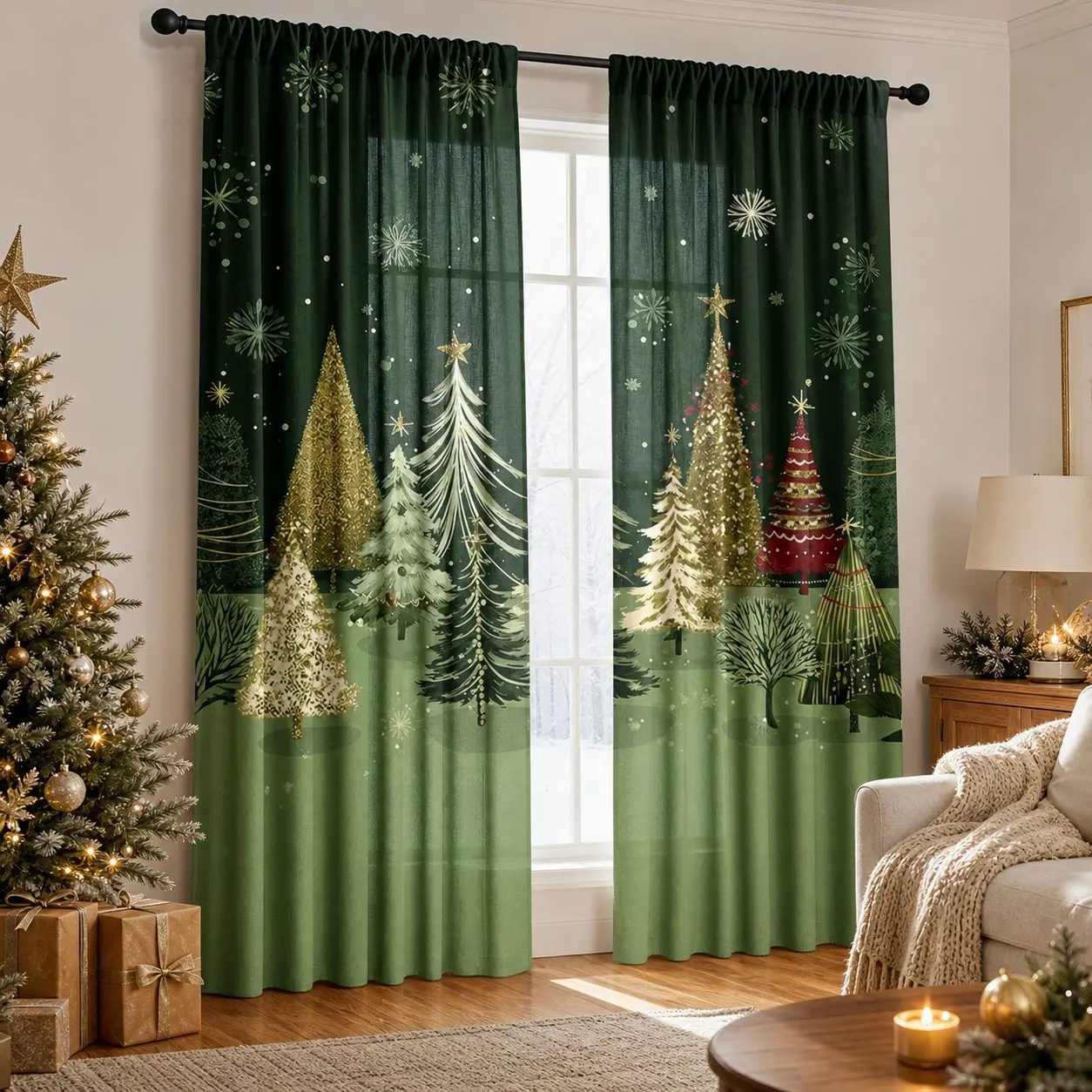 2-Pack Deep Gradient Christmas Tree Curtains, Trees & Snowflakes, Semi-Transparent, Farmhouse Style for Bedroom & Living Room