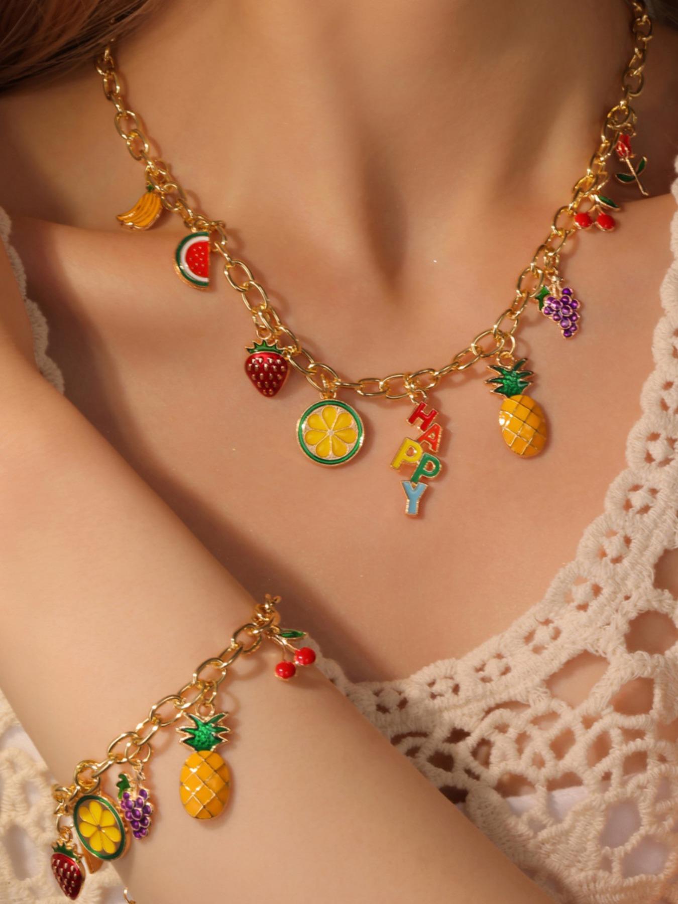 Women's Fruit Necklace Bracelet Set, Watermelon Strawberry Cherry Design, Elegant Summer Jewelry Accessories for Women & Girls