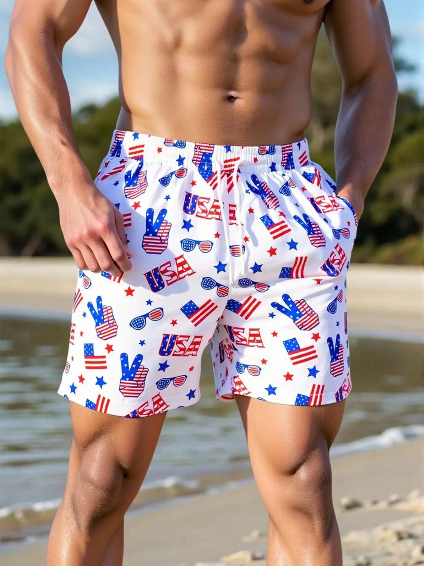 Men's USA Peace Hand Sunglasses Full Print Beach Shorts, Swim Shorts, Fun Patriotic 4th Of July Drawstring Shorts, Quick Dry Vacation Shorts, Miami Holiday Essential, Mid Waist Fit, Drawstring Closure
