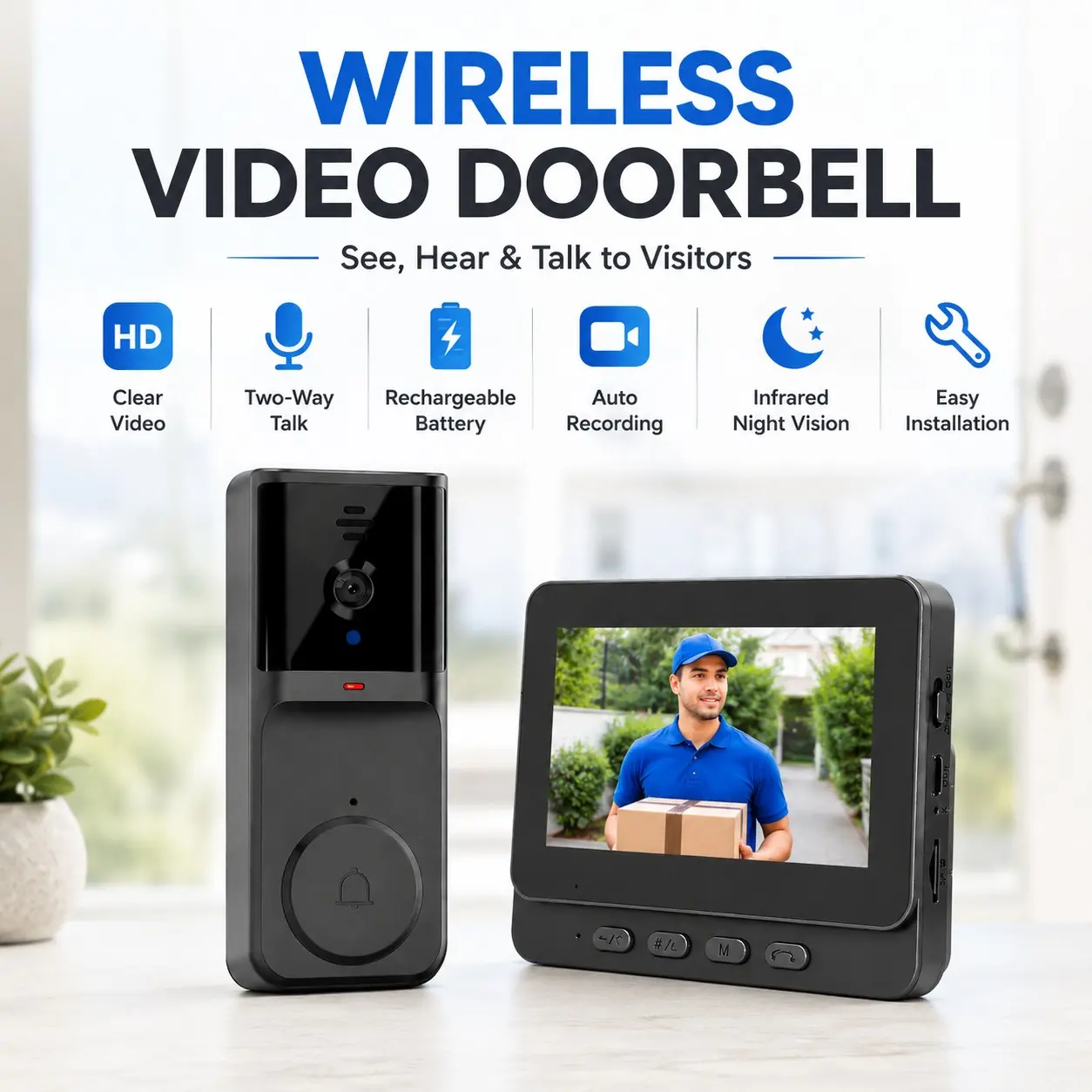 Video Doorbell with 4.3" IPS Screen, IR Night Vision, Two-Way Talk, Rechargeable Battery, 64GB SD Storage, Elderly Friendly, No WiFi APP Needed, Intercom System battery operated doorbell wireless doorbell camera