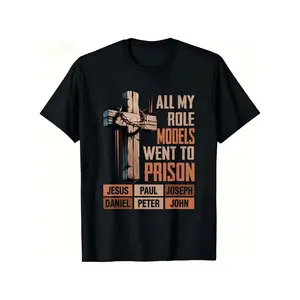 Unisex "All My Role Models Went To Prison" Bible Characters Cross Graphic T-Shirt for Men & Women - Vintage Christian Faith Tee, Soft Breathable Cotton Crew Neck Short Sleeve, All-Season Summer Spring Casual, Great Daily Wear & Faith Gift