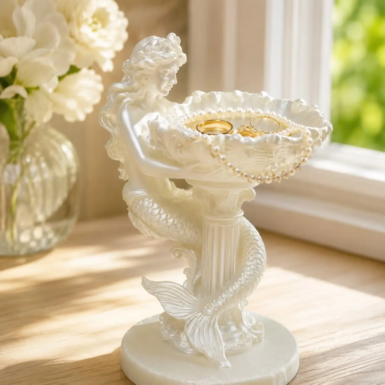 Pearl Mermaid Cosmetics Jewelry Organizer Box, Shell Trinket Tray and Ring Holder, Coastal Style Vanity Desk Decor, Unique Gift for Jewelry Lovers, Coastal Aesthetic