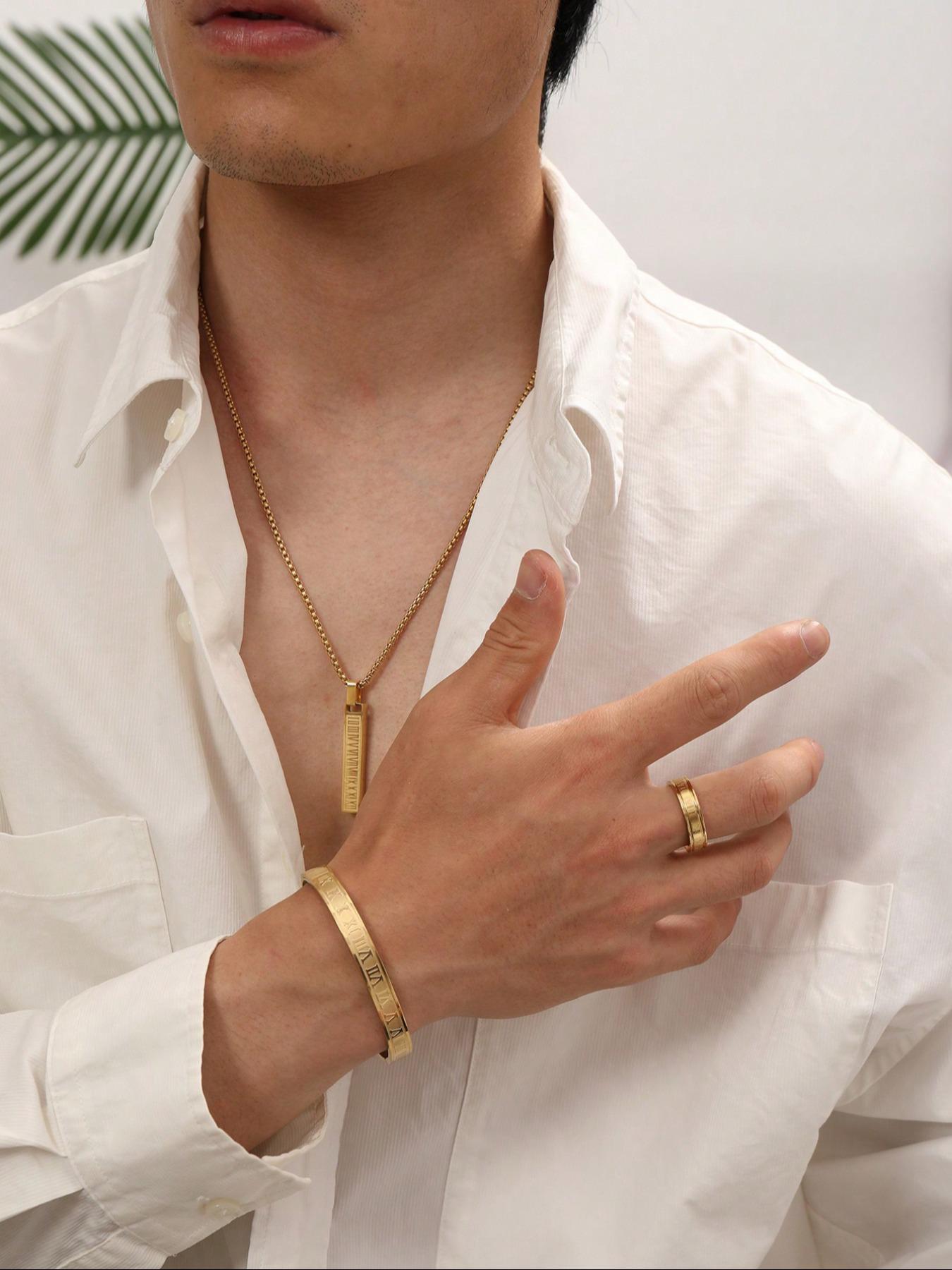 Men's Minimalist Temperament Stainless Steel Jewelry Set, Casual Trendy Letters Engraving Pendant Necklace & Bangle & Ring, Fashion Accessories for Daily Wear