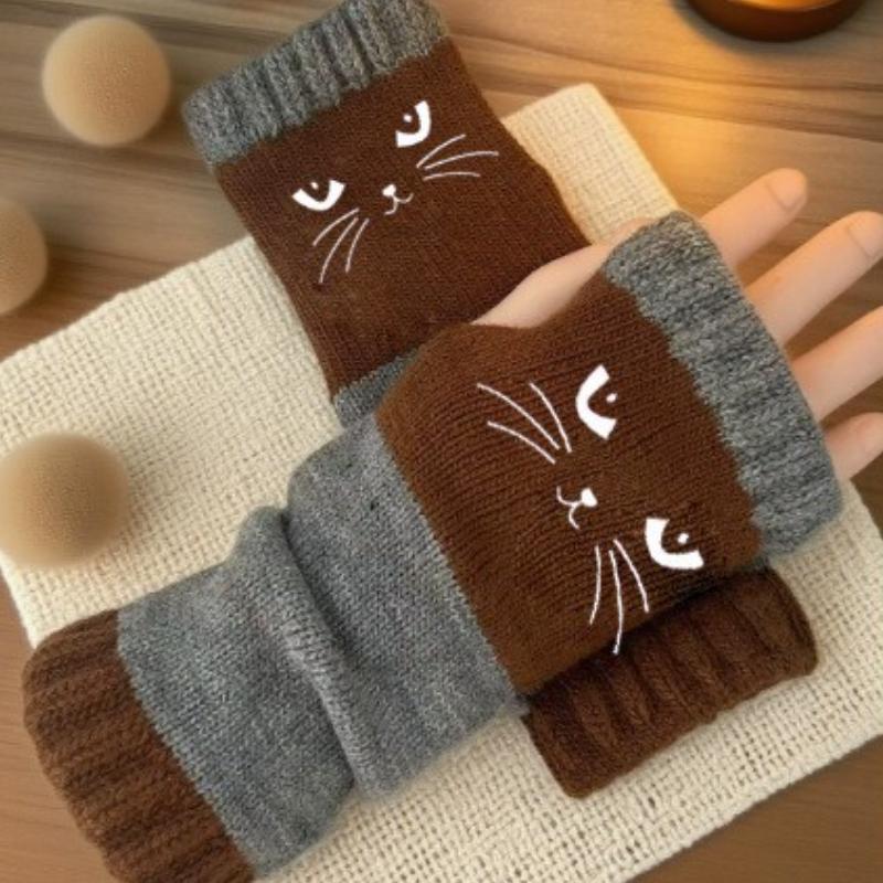 Warm Fingerless Knit Gloves for Women - Cat Embroidery Fashion Casual Gloves with Comfort & Dexterity