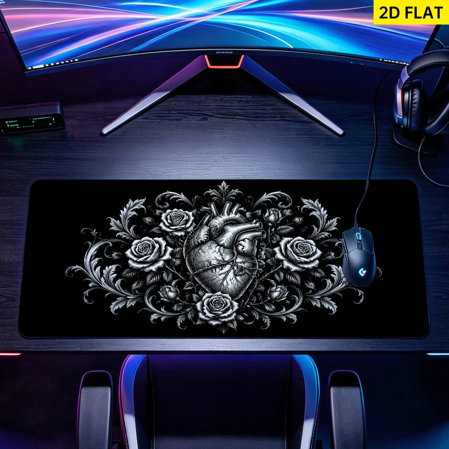 Extra Large gothic anatomical heart and rose floral Mouse Pad,Non Slip Rubber Pad,Desktop Decoration Drotection Pad,Washable,Lock Edge Multi Size,Premium Multipurpose Mousepad For Home,Office,Gift for Family and Friends