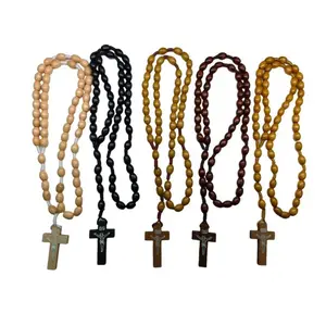 5 Pcs Wooden Bead Cross Rosary Necklace, Vintage Religious Wall Hanging, Unisex Prayer Jewelry, Perfect for Holidays & Gifts