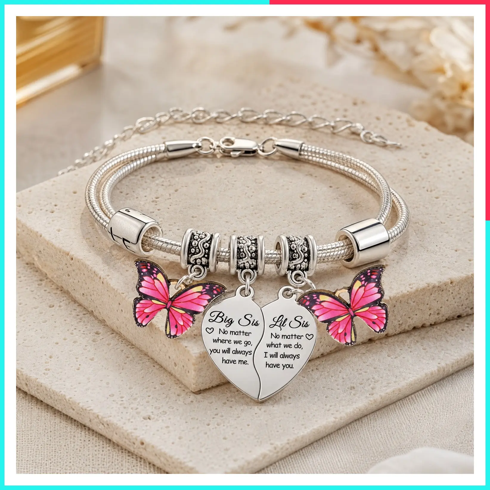 2PCs Big Sister Little Sister Heart Matching Charm Bracelet Set for Women Butterfly Charm Jewelry Birthday Gifts for Sisters