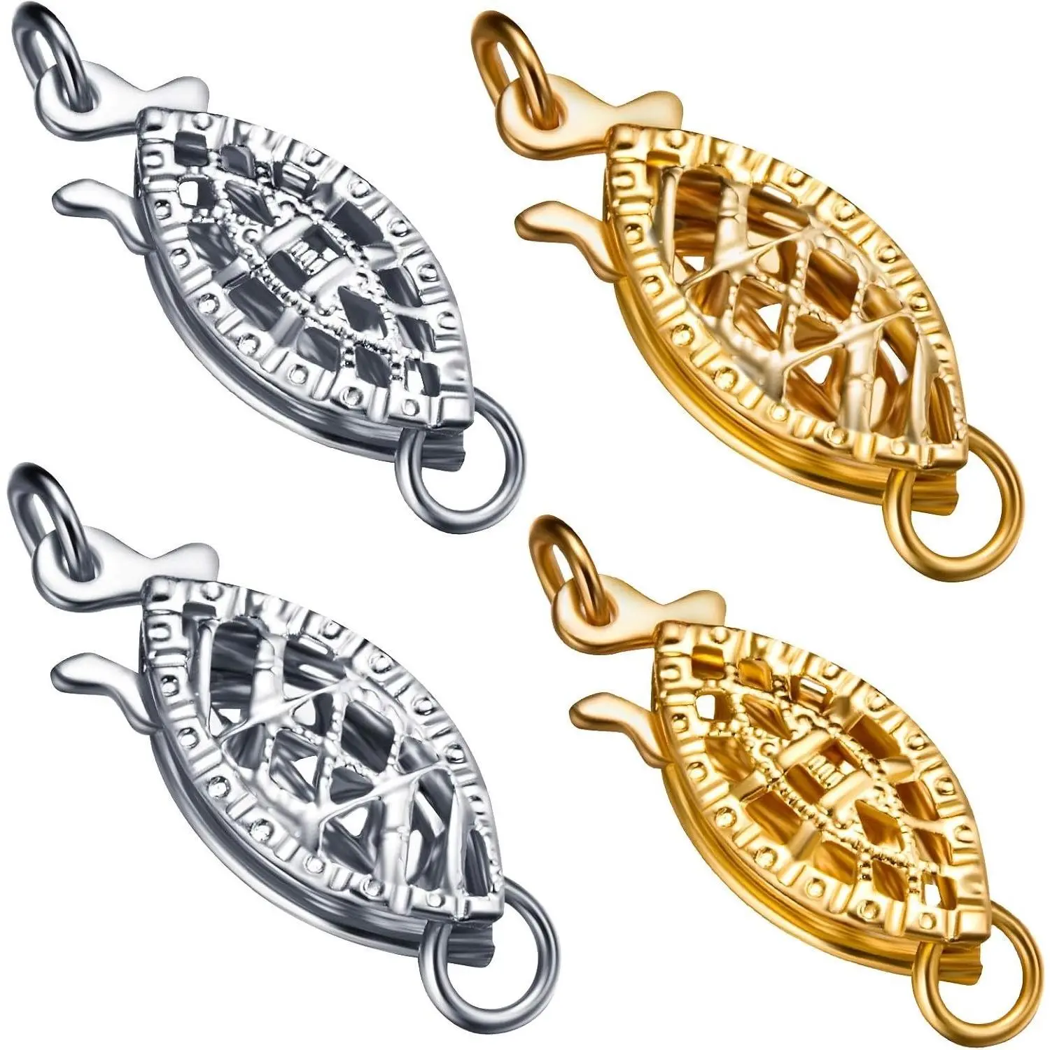 4-Piece Pearl Filigree Necklace Clasp Set with Oval Filigree Fish Hook Clasps, Slide Bracelet Connectors & Storage Box for Layered Necklaces, Jewelry Making, Crafts, 2 Styles 2 ColorsGift