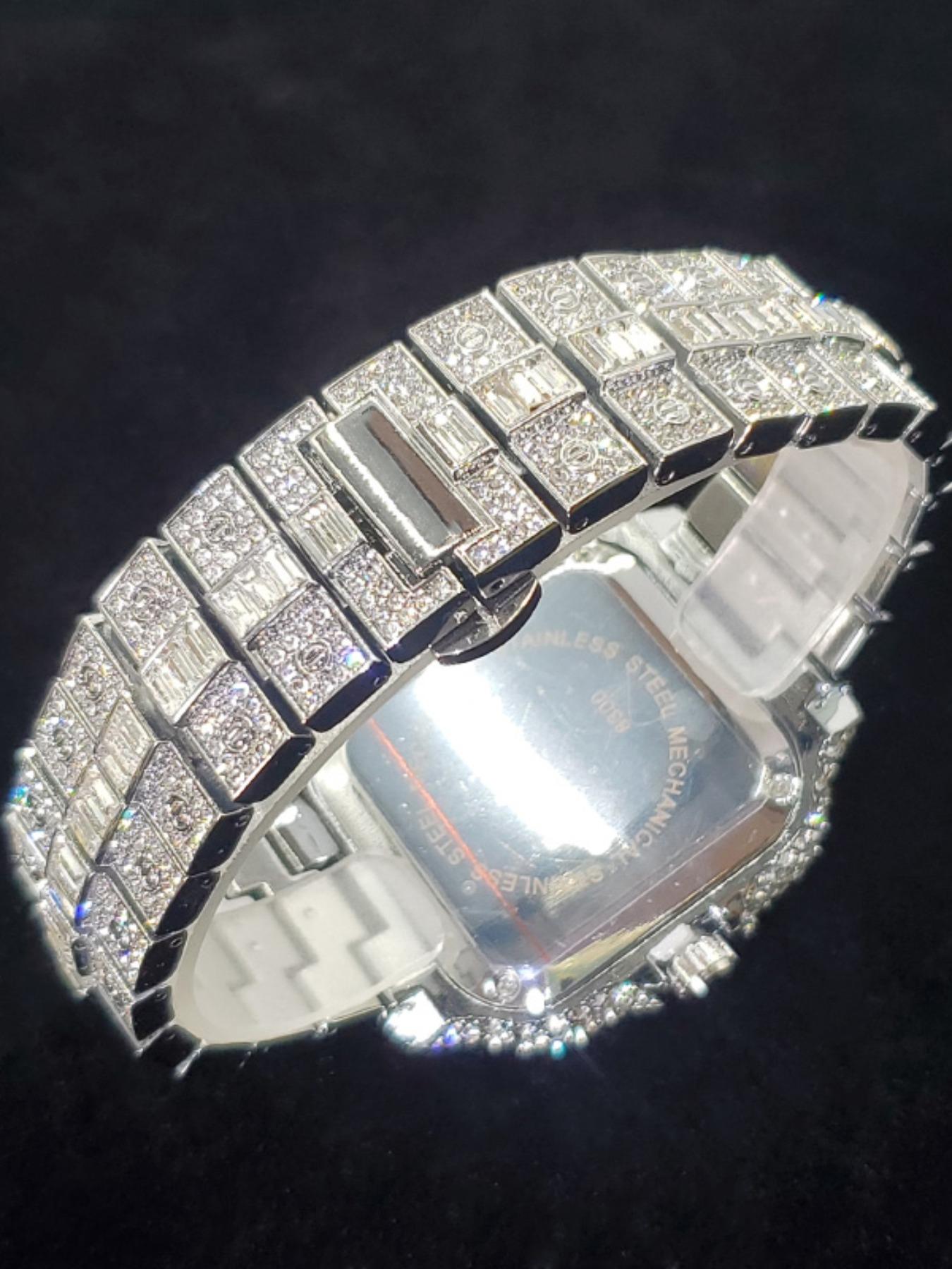 Men's Rhinestone Decorated Square Quartz Watch, Rhinestone Embellished Watch, for Men As Gift with Box, Square Dial, Stainless Steel Wristwatch Men's Rhinestone Decorated Square Quartz Watch, Rhinestone Embellished Watch, for Men As Gift with Box, Square Dial, Stainless Steel Wristwatch