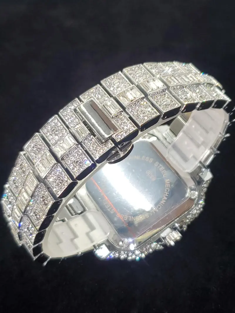 Men's Rhinestone Decorated Square Quartz Watch, Rhinestone Embellished Watch, for Men As Gift with Box, Square Dial, Stainless Steel Wristwatch, Rhinestone Watches Men's Rhinestone Decorated Square Quartz Watch, Rhinestone Embellished Watch, for Men As Gift with Box, Square Dial, Stainless Steel Wristwatch, Rhinestone Watches