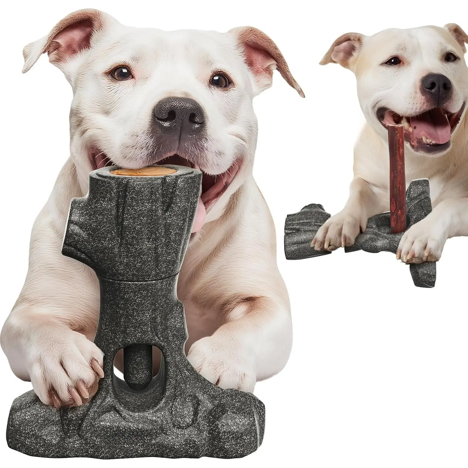 2-in-1 Bully Stick Holder &   - Tree Stump Design Prevents , Keeps Dogs Busy with , for  Breed Sizes, Easy to Clean