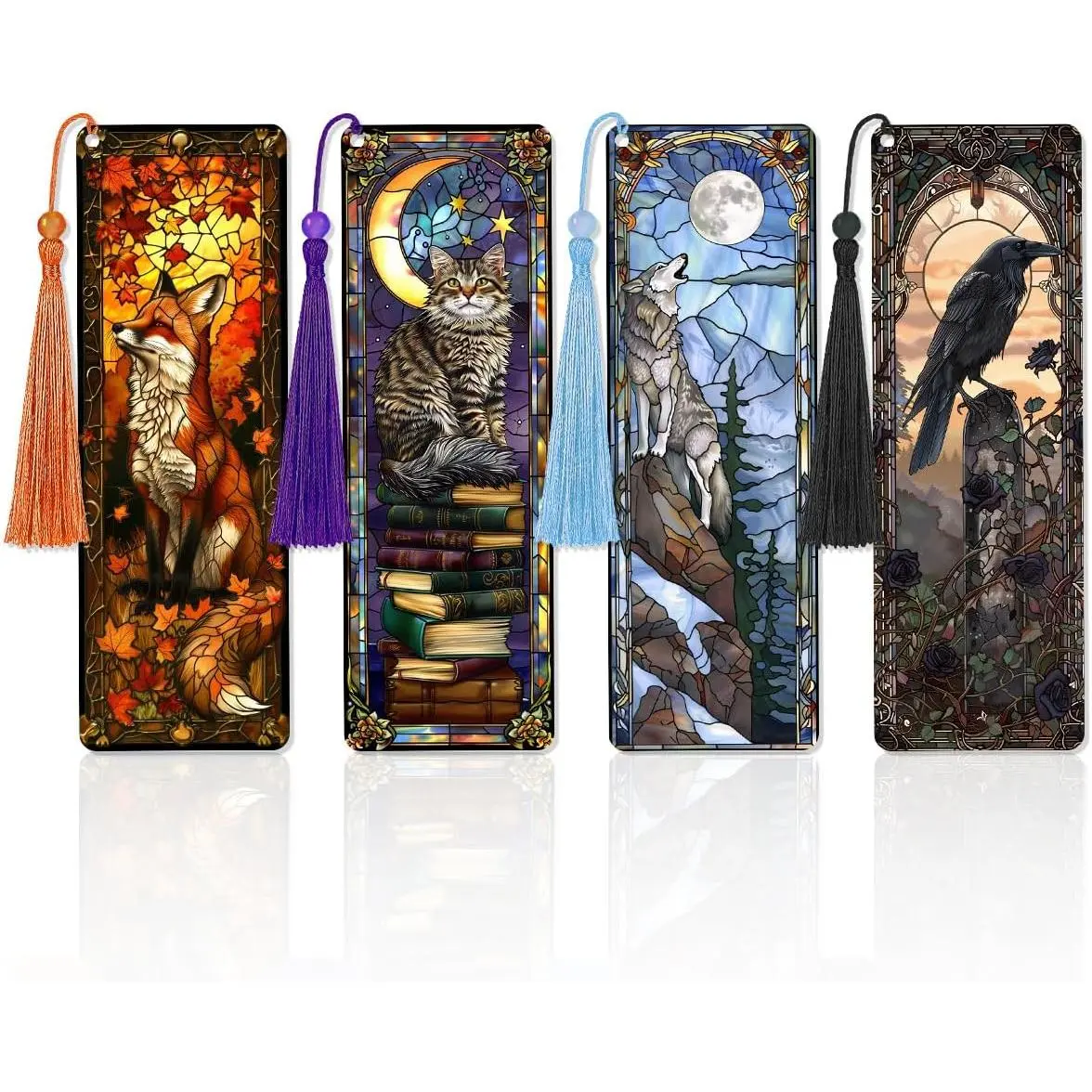 4 count Fantasy  Bookmarks Gifts for Reading Women, Stained Glass Transparent PVC Book Marks with Tassels, Cute Black  Design , Cool Book Accessories for Book Lovers Bookish