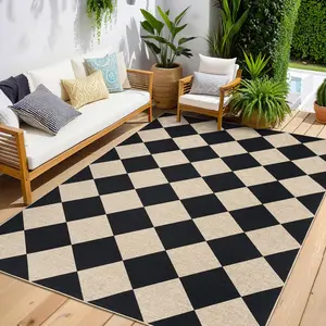 Washable Diamond Checkered Jute Area Rug - Non-Slip, Mark Resistant Geometric Carpet for Living Room, Bedroom, Entryway - High current, Modern Neutral Decor