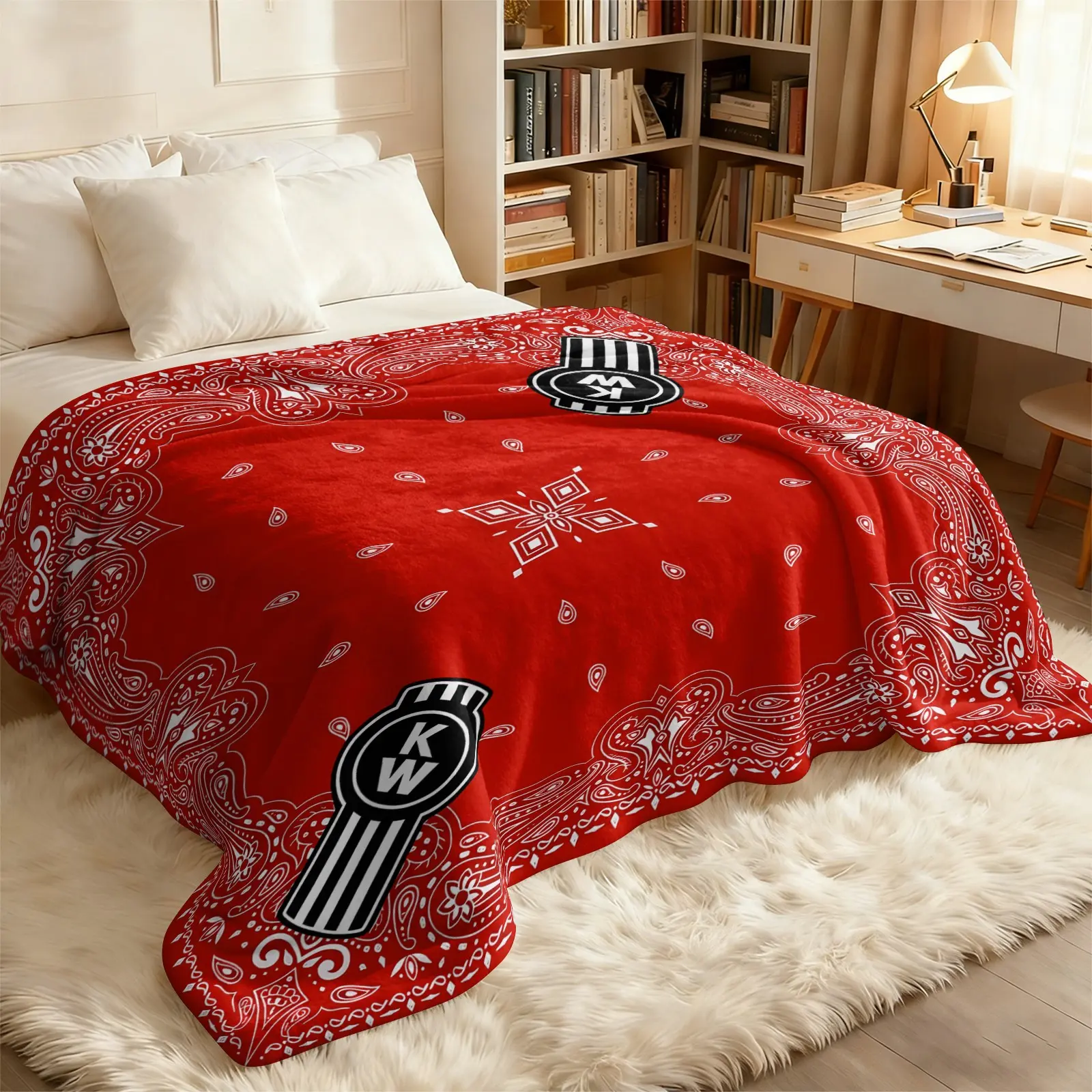 Bright Red Paisley Bandana Ethnic Floral All Over Print Flannel Throw Blanket, Ultra Soft Lightweight Warm Cover for Bed, Sofa, Couch, Office Napping, All Season Household Decor Bedding Textile