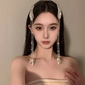 Female Water Drop Pearl Fringed Hairpin - a Pair, Aesthetic Waterfall Tassel Hair Clip with Luxury Rhinestones, Ethereal Fluid Fringe Side Bangs Clamp, Elegant Prom Sports Headband Accessory Gift
