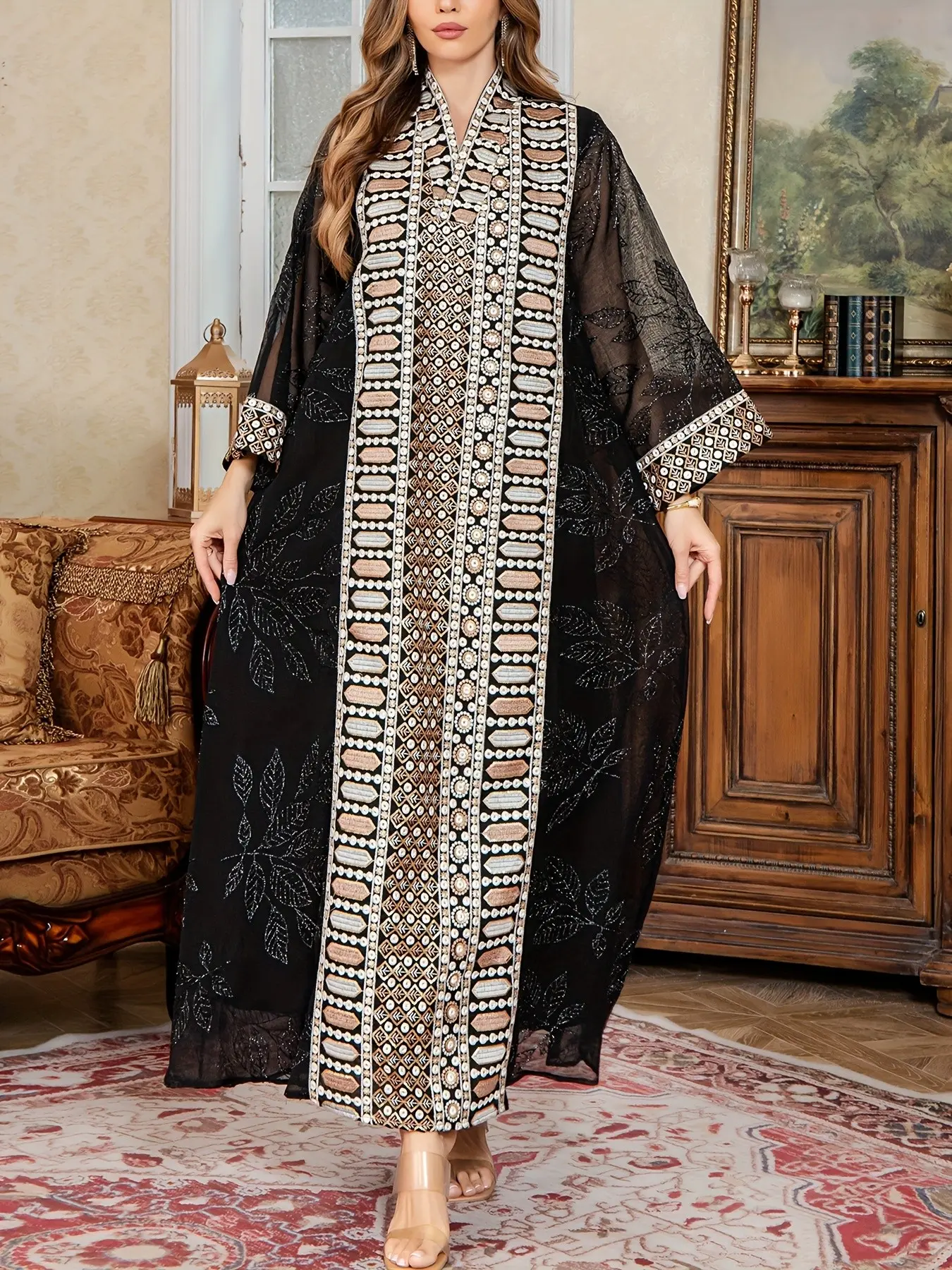Retro Ethnic V-Neck Long-Sleeved Embroidered Robe, Heavy-Duty Resort Banquet Dress, Traditional Clothing for Ramadan, Eid Al-Adha