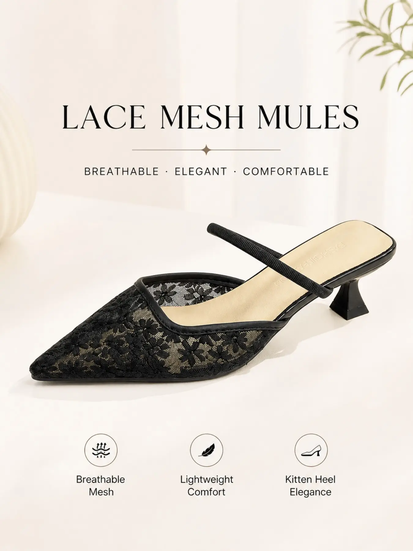 Floral Embroidered Lace Pointed Toe Sandals, Fine Rhinestone Strap, Cat Heel, Soft Mule Slippers, Embroidered Mule Shoes, Women's Fashion Footwear, Shoes Mules