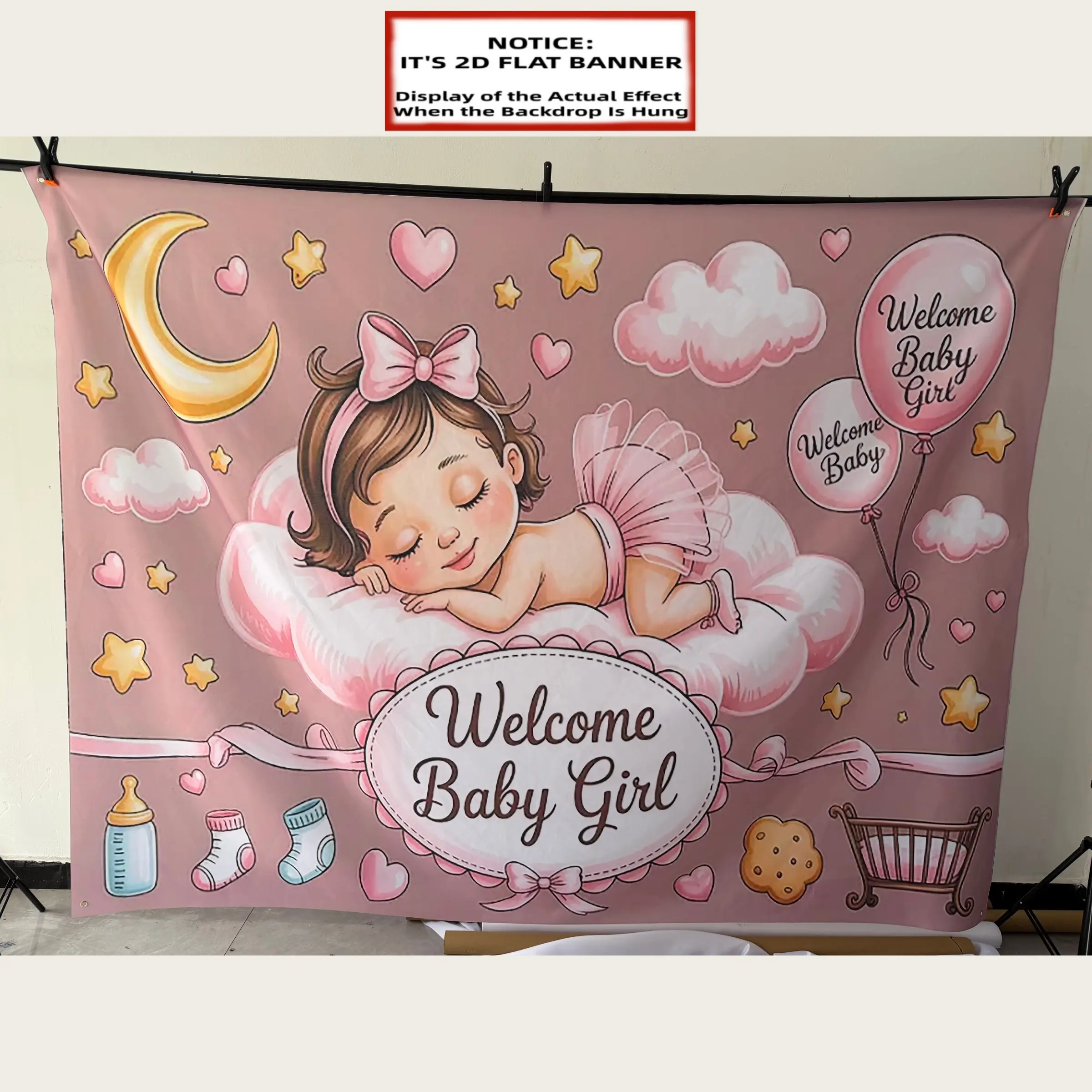2D Flat, 1pc Polyester Flat Banner, Party Banner, Welcome Baby Girl, A Sleeping Infant on a Cloud Multifunctional Backdrop Banner, Suitable for Indoor and Outdoor Family Activities, Weddings, Birthdays, Home Decoration, Party Decor Supplies