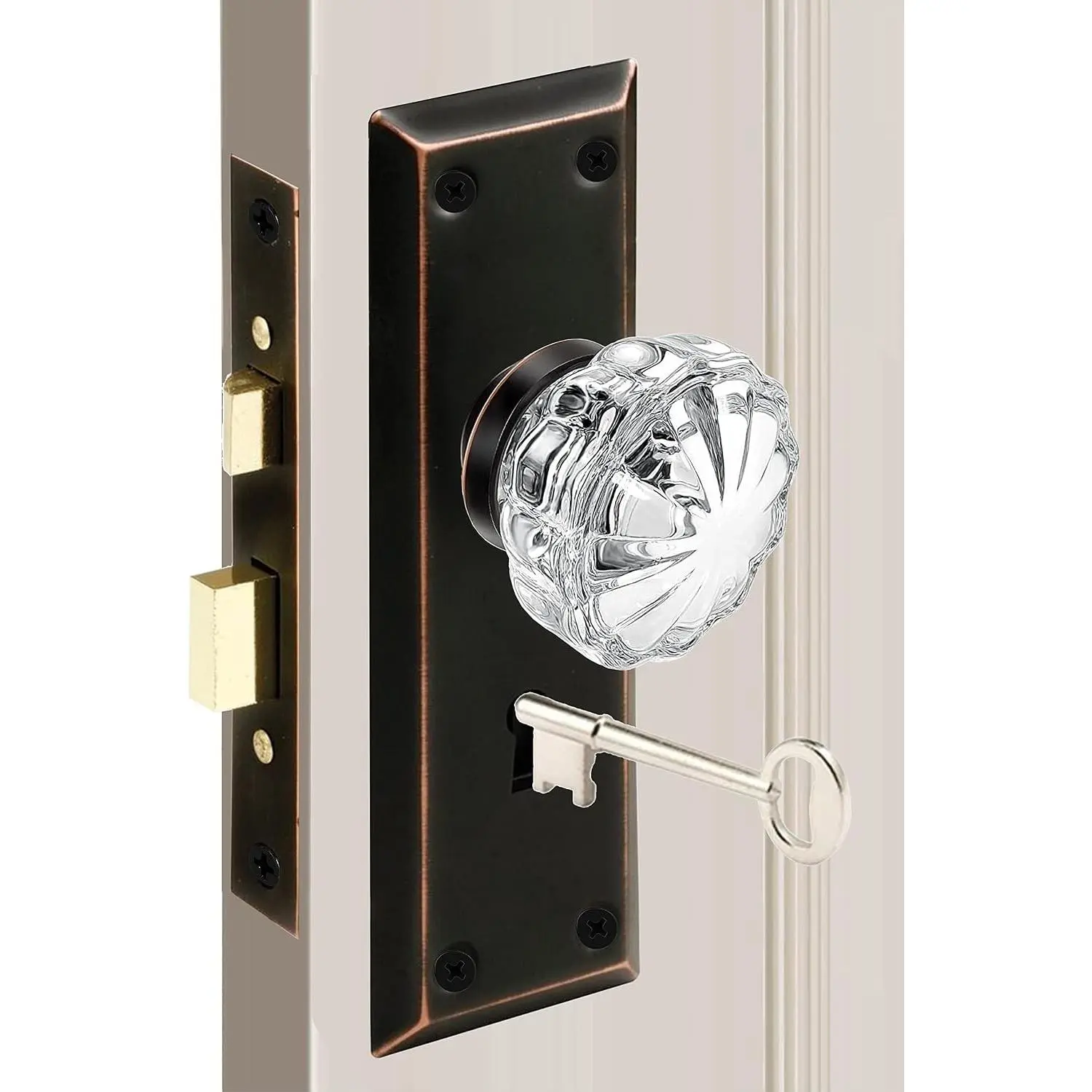 Antique Mortise Keyed Lock Set with Glass Knobs, Vintage Door Knob Replacement with Skeleton Keys, Fits 1-3/8"-1-3/4" Interior Doors, 2-3/8" Backset, Oil Rubbed Bronze, 1 PackGift