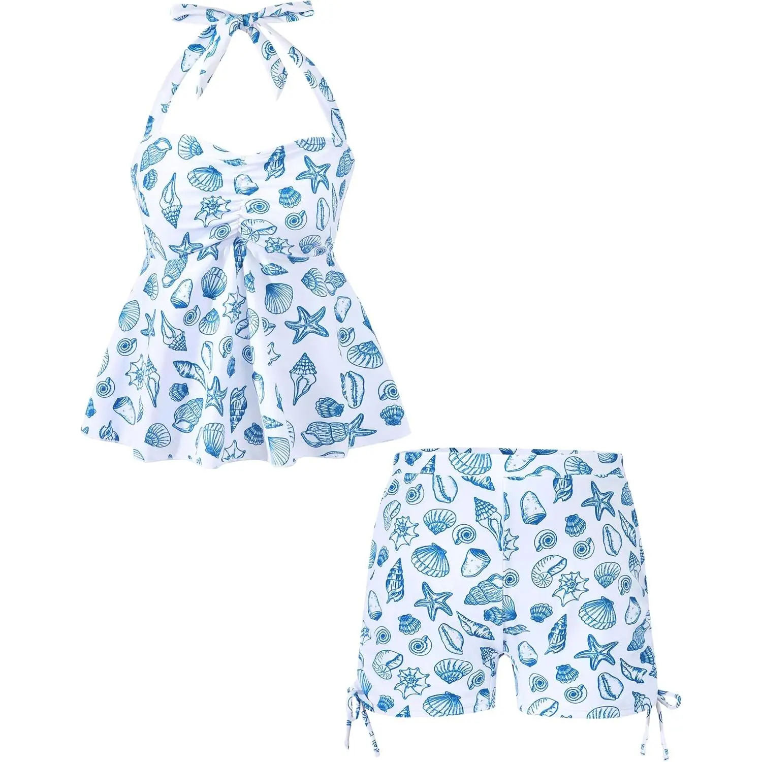 Teen Girls Swimsuit, Halterneck Tankini Drawstring Printed Tween Girls' Swimwear Beach Girl Bathing Suit for 7-16T(Gift)