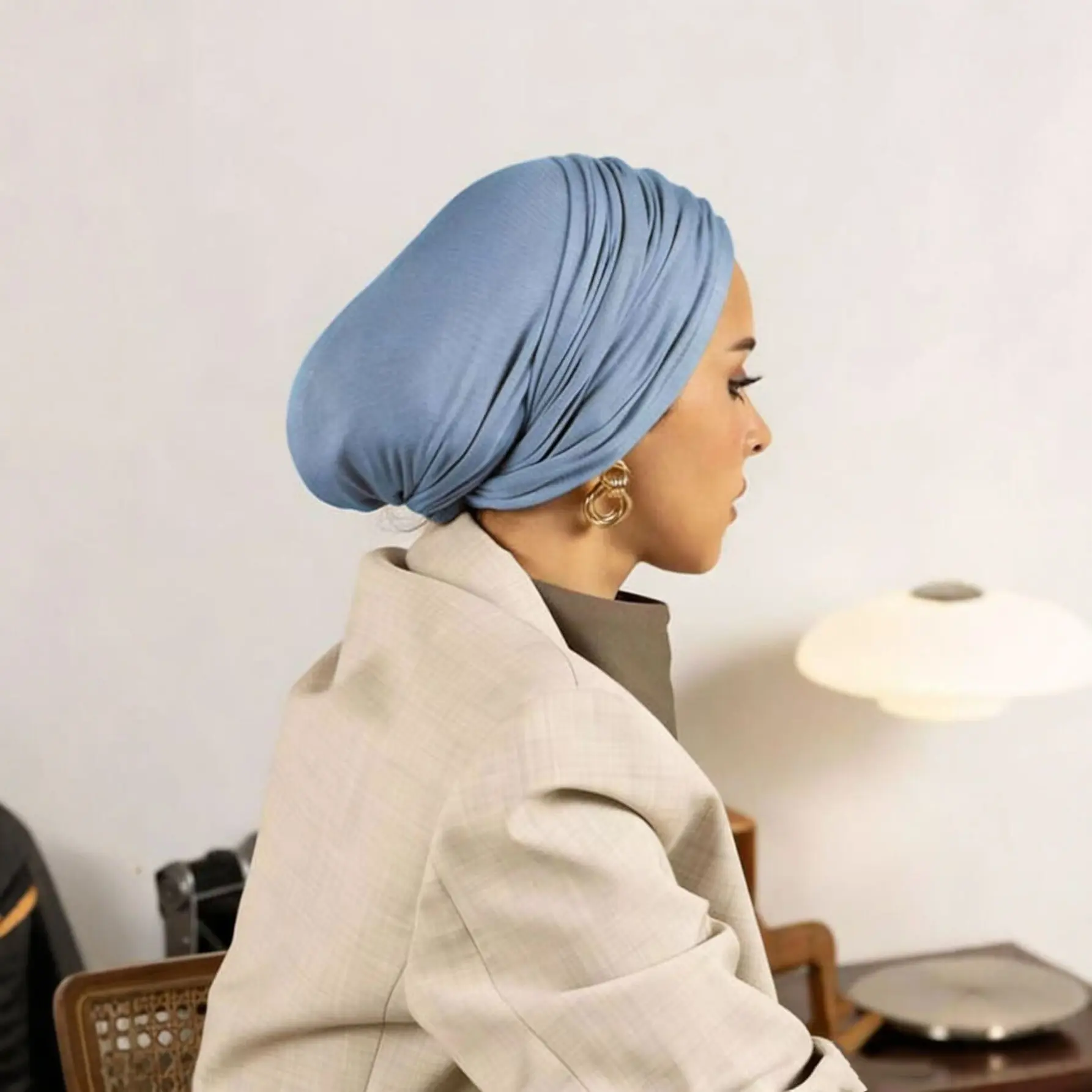 Effortless Pleated Jersey Turban Bonnet Cap Dusty Blue Soft Breathable Head Wrap Volumizing Ruched Hijab Cap Daily Office Wear
