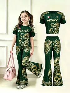 Mexican Aztec Eagle Snake Totem Girls Two-Piece Set, Short Sleeve Bell Bottom Pants, Ethnic Style Kids, Casual Long Top