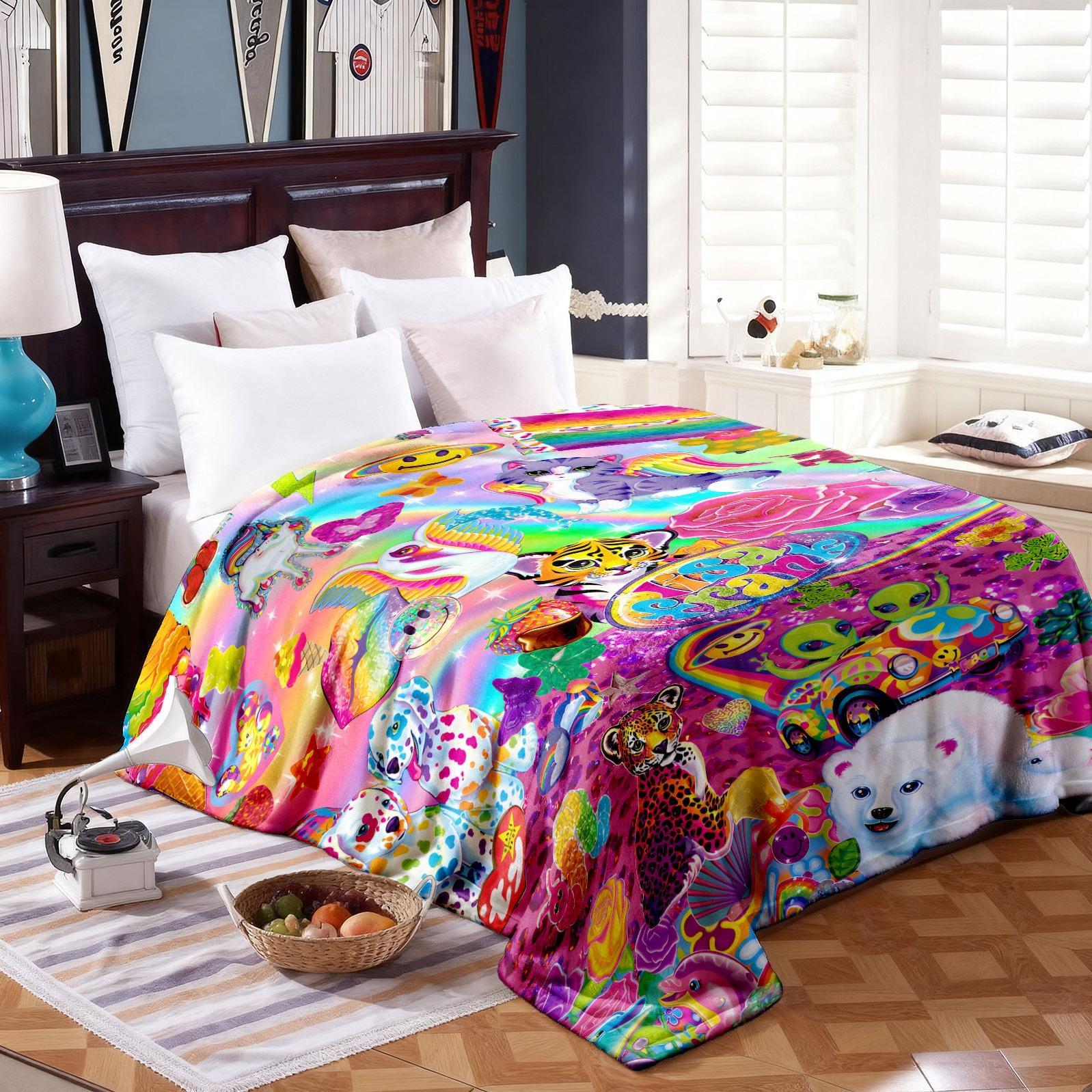 Lisa Frank Collage Themed Blanket, Vibrant & Playful Style, Features Colorful Characters, Soft and Warm, Perfect for Home Relaxation, Flannel Blankets