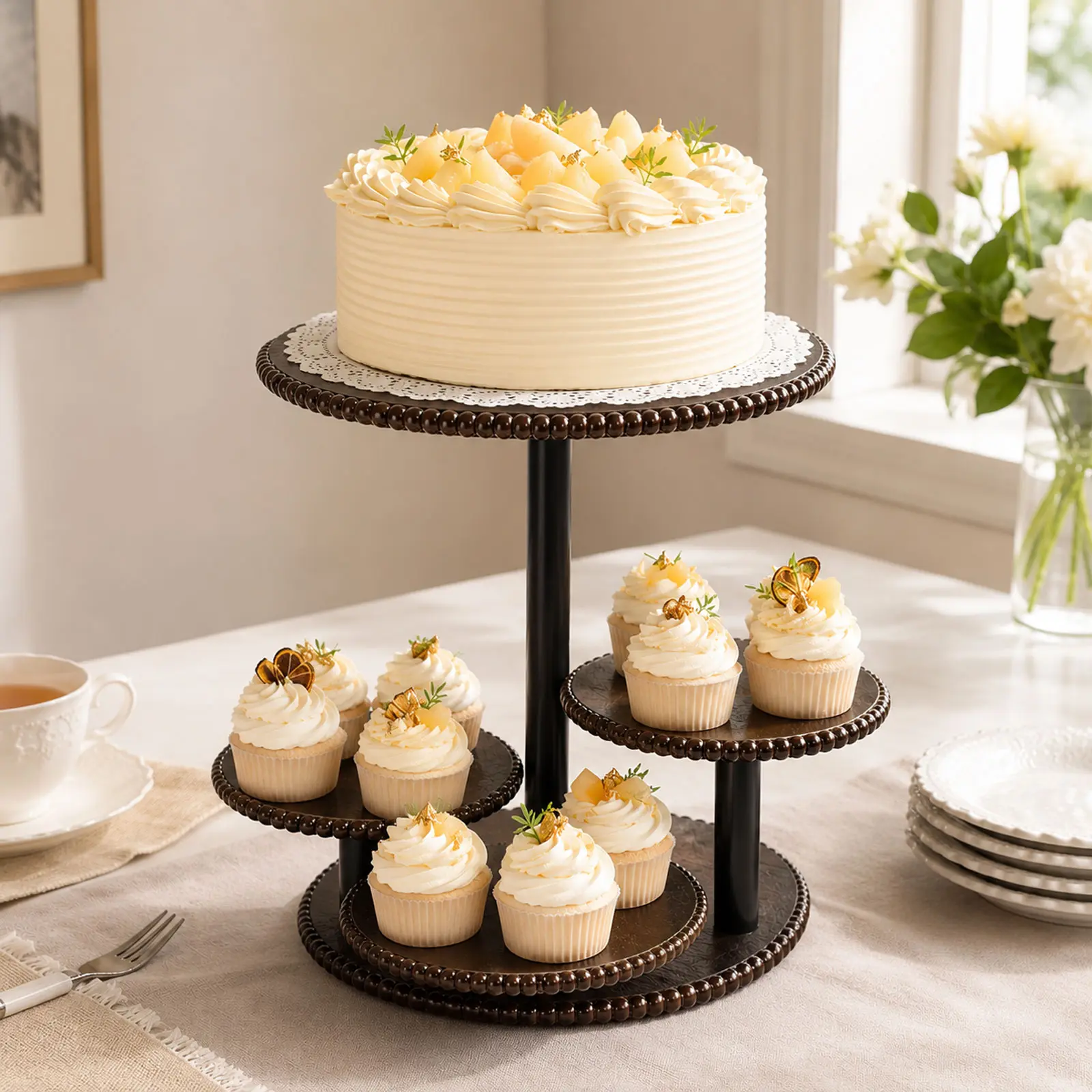 4-Tier Round Dark Brown Wood Cupcake Tower - 4-Layer 360-Rotation Beaded Shelf, Farmhouse Dessert Display Stand for Wedding, Birthday Celebrations, Decor, Home Essentials