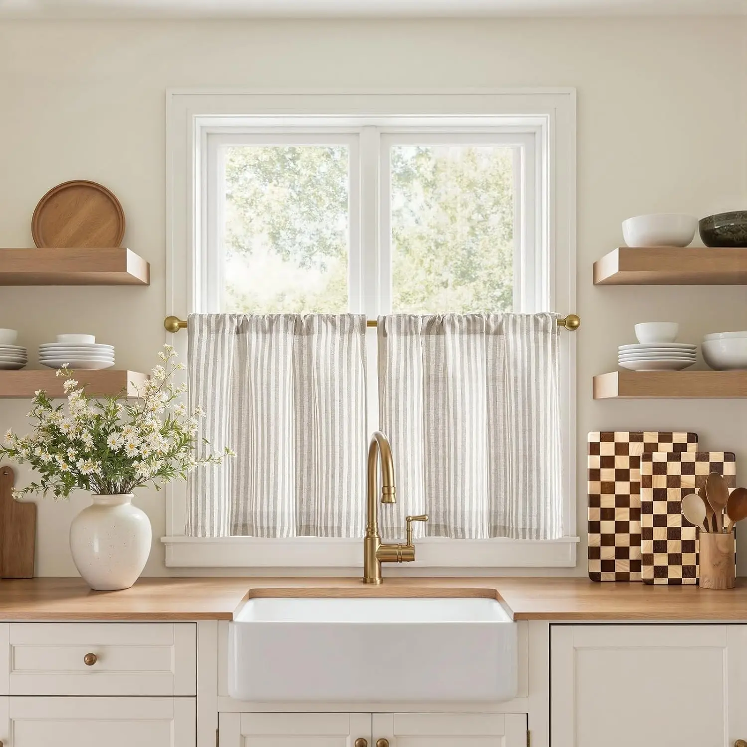 2-Panel Striped Linen Blend Window Covering, 20-in Tier Curtains, Farmhouse Modern Cafe Style, Airy Light Filtering Rod Pocket, Taupe Grey Home House Room Decor for Kitchen