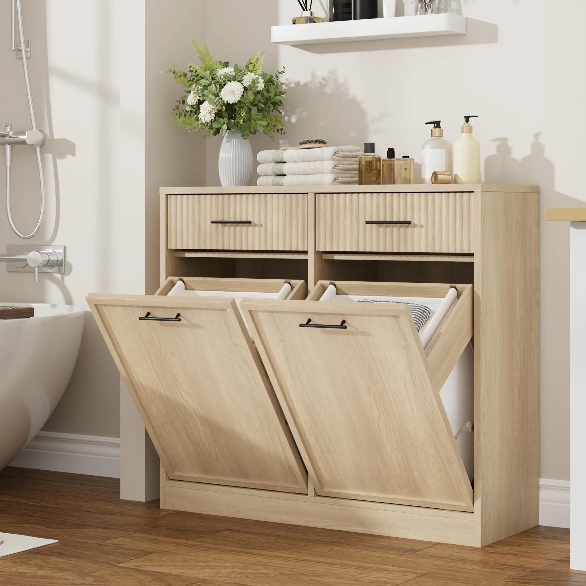 Modern Freestanding Laundry Hamper Cabinet - Single Tilt-Out Design - Hidden Trash Bin Storage - Removable Laundry Basket - Space-Saving Bathroom Organizer