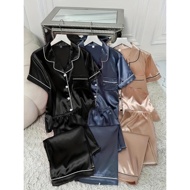 3 Sets Women's Solid Satin Casual Pajama Set, Short Sleeve Buttons Lapel Top & Pants, Comfortable Relaxed Fit
