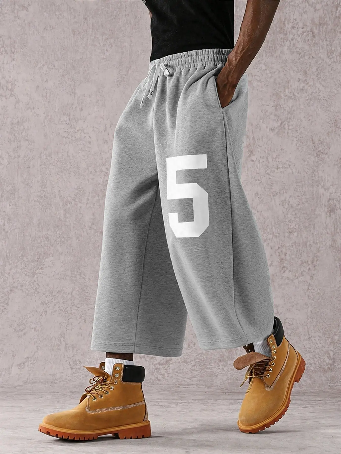 Men's Deep Graphic Street Style Knitted Sports Pants, Fall City Casual Drawstring Waist, Loose Fit Outdoor Sporty Capri, Wide Leg Design
