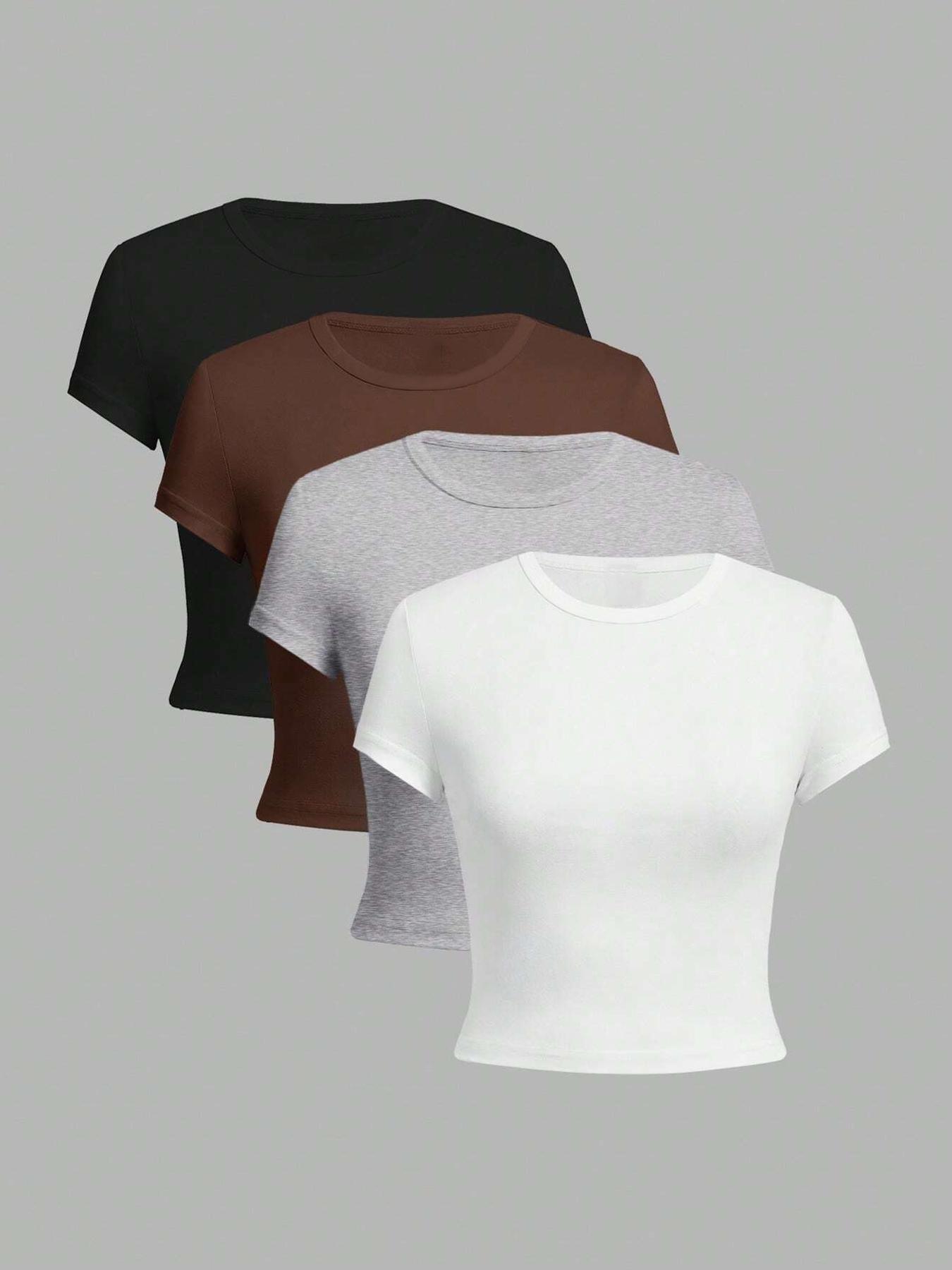 Women's Solid Round Neck Crop Tee, Casual Minimalist Short Sleeve Crew Neck Basic T-shirt for Summer, Ladies Clothes for Daily Wear, Womenswear, Classic T Shirt