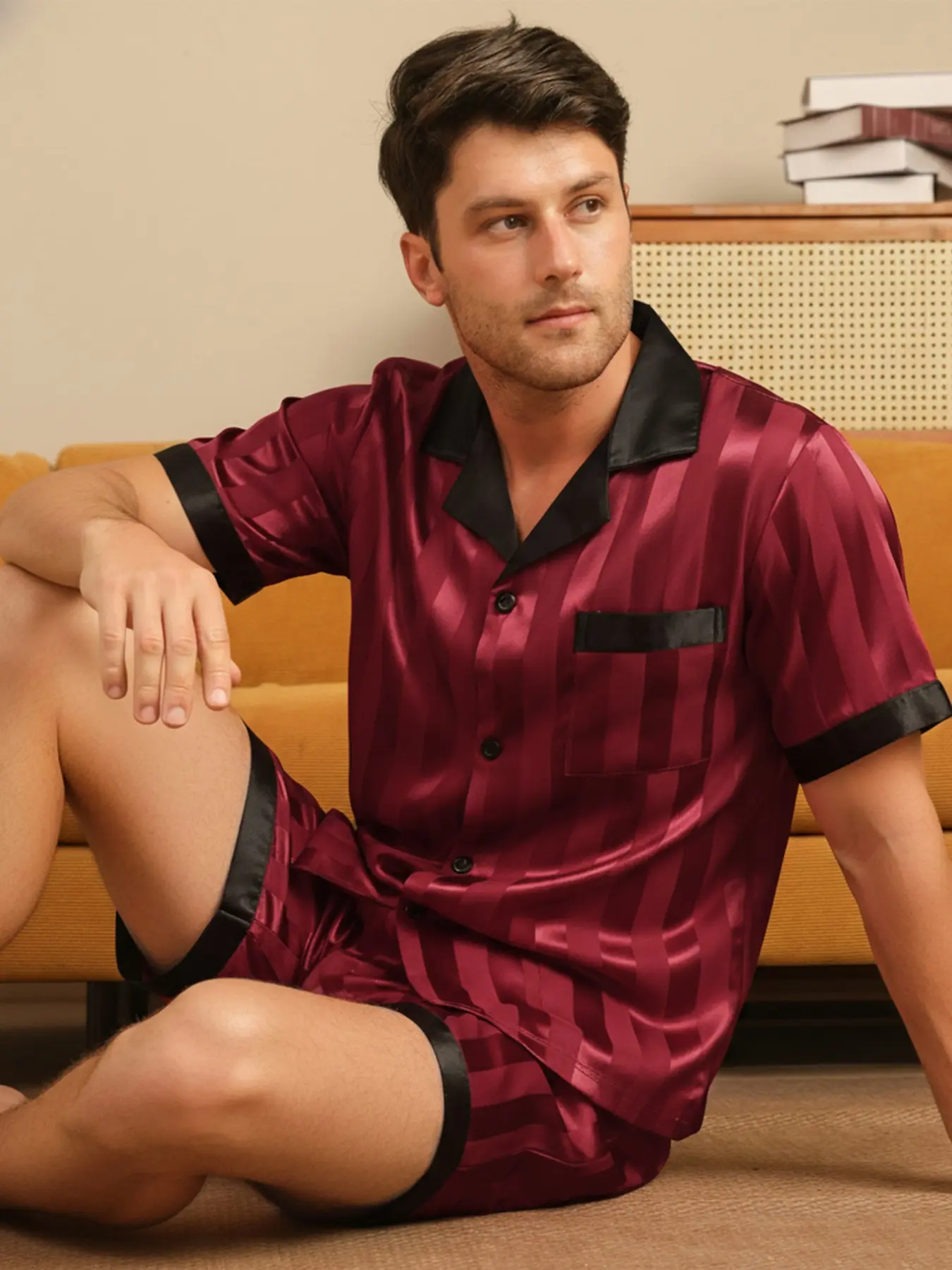 Summer Men's Short Sleeve Pajama Set, Pyjama Sets, Pjs, Pyjamas, Striped Print Contrast Edge Button Open Front, Comfortable Cozy Sleepwear, Loungewear, Homewear