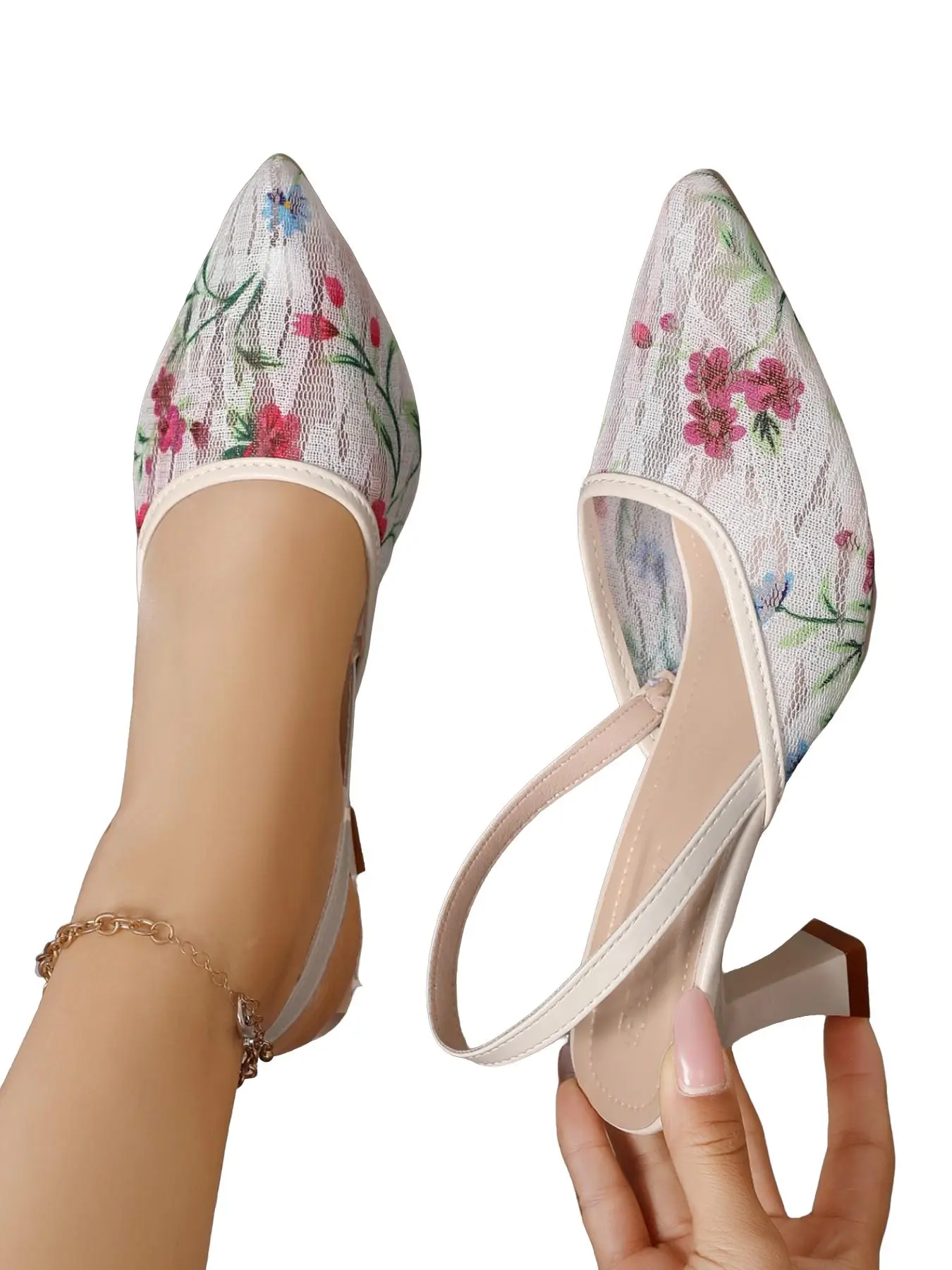 New Style Chinese Wind Print Lace Mesh Pointed Toe High Heel Women's Sandals, Fashion High Heels, Backless Strap, Elegant Office Shoes, Fashionable Heeled Sandals, Fancy Sandals