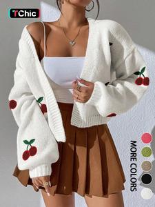 women's cherry embroidery   sweater cardigan, casual long sleeve open front knit cardigan for spring & fall, fashion women's knit clothing for daily wear, tops