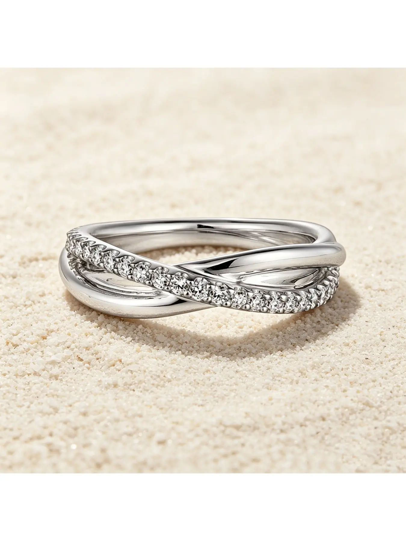 Dual Twist Single Side Pave Diamond Polished Silver Wedding Band, Intertwined Streamline Eternity Band, Premium Atmospheric Birthday Gift for Office Ladies, Stackable Versatile Women Jewelry, Suited for Thanksgiving Dinners and Valentine Dating Occasions