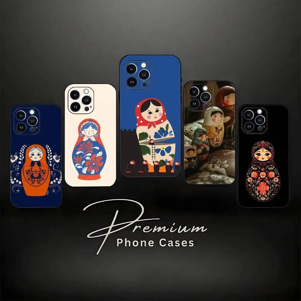 Russian Art Matryoshka Doll Phone Case For iPhone 11-17 Pro Max/Plus & Samsung Galaxy S23-S25 Soft Silicone Black Cover Shockproof Case