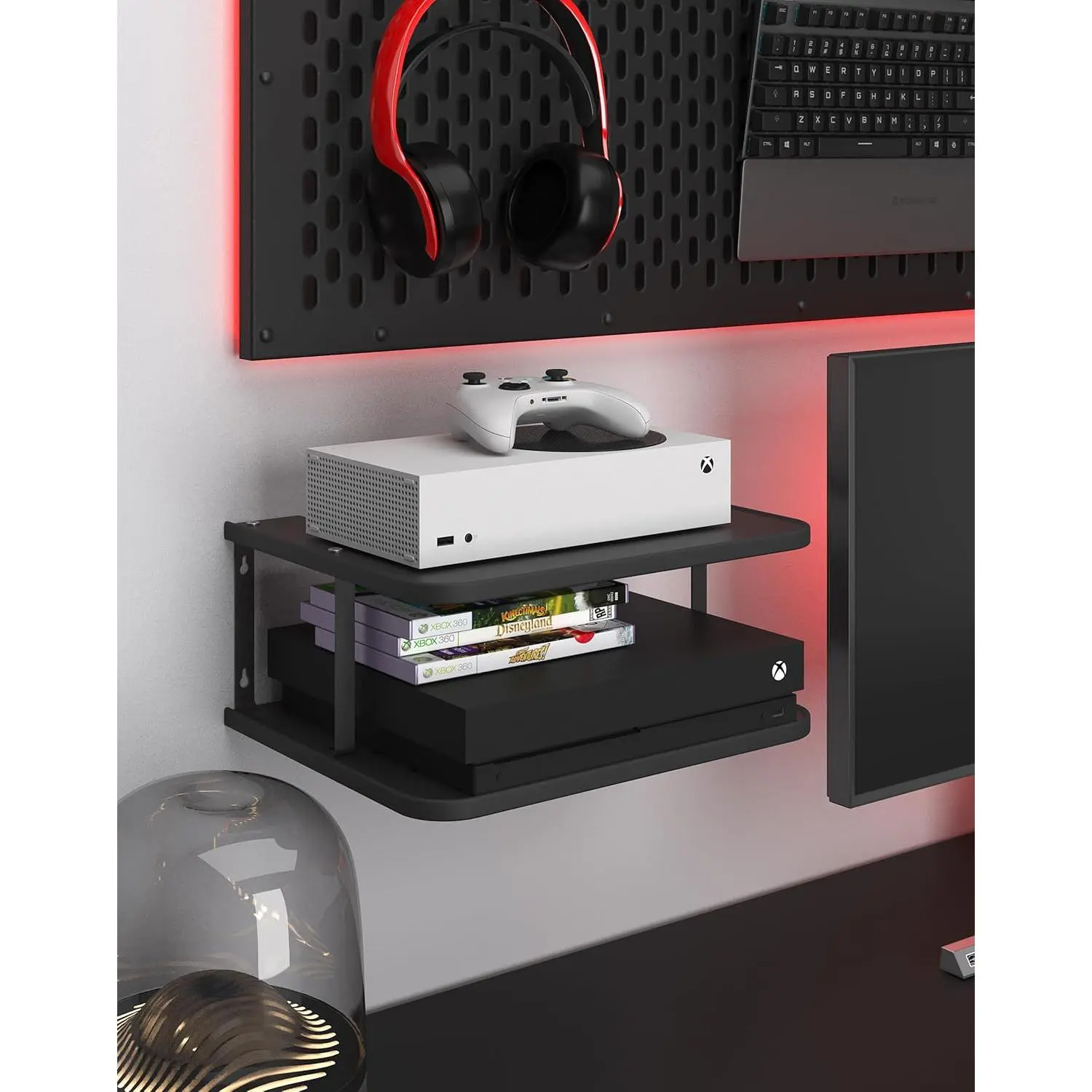 Black Projector Wall Shelf/Floating Under TV Game Double Shelf Stand for Xbox, Router/Entertainment Center, Projector Holder Accessories