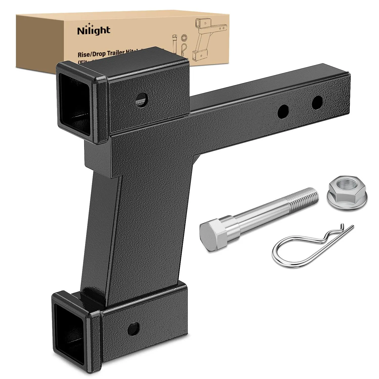 Nilight Forged Steel Trailer Hitch Extension Riser with Electrophoresis Process, Powder Coat Black, 2in-8in Adjustable Rise/Drop, 8in-10in Adjustable Length, 10,000 lbs Capacity, Bolts & 1 Additional Clip, Durable 2in Class I-VI Receiver Universal Fit