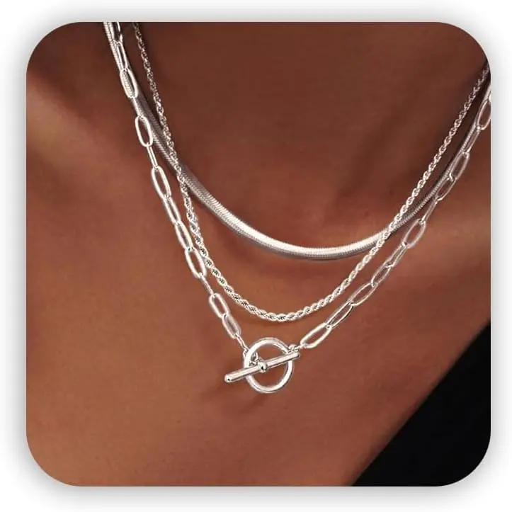 Layered Necklaces for Women: 14K Gold/Sterling Silver Plated Chunky Necklace Paperclip Cuban Rope Adjustable Choker T-Bar Toggle Clasp Chunky Necklace for Women Trendy Jewelry Gifts