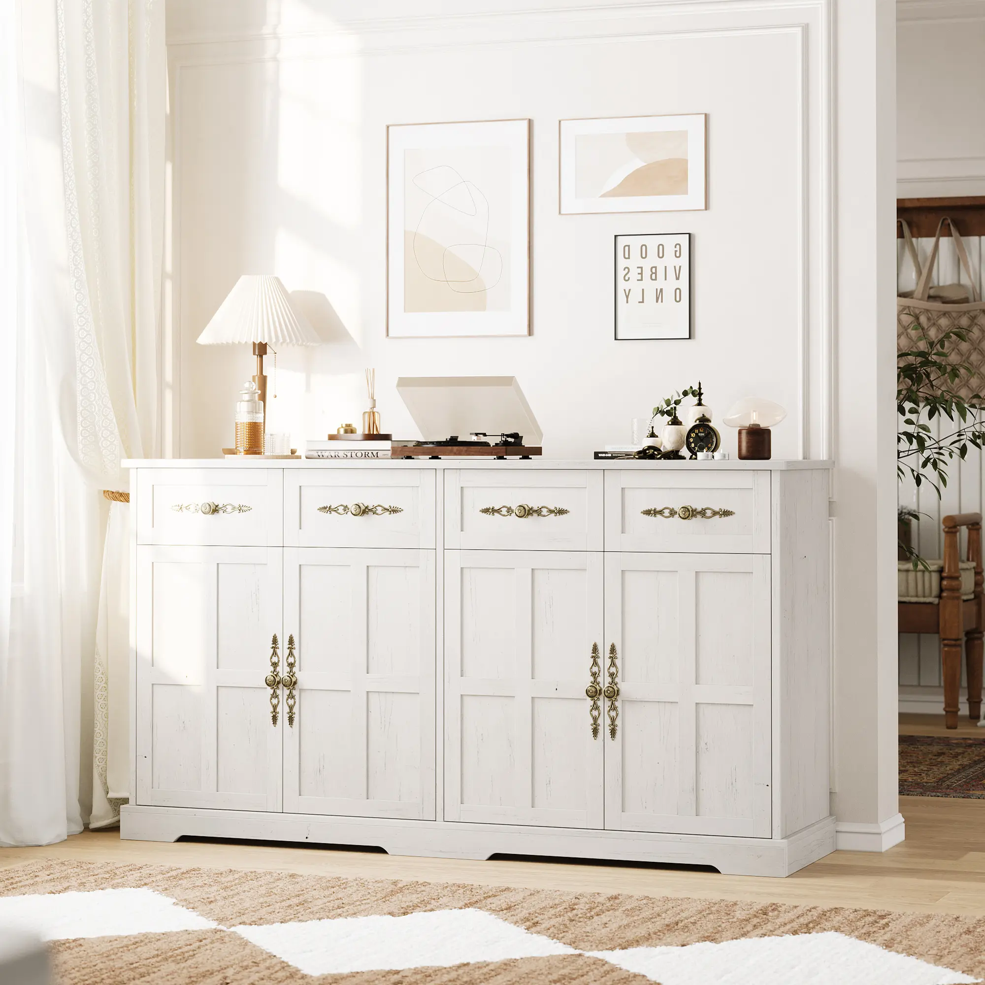 Gaomon 63-Inch Modern Farmhouse Sideboard Cabinet, 4 Doors & 4 Drawers - Versatile Storage Buffet & Console Table for Dining Room, Living Room
