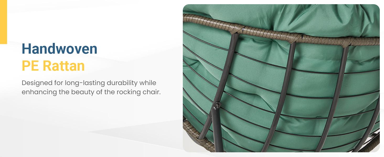 RoyalCraft Patio Rocking Chair with Ottoman, Outdoor Indoor Rocking Egg Chair with Cushions, Metal Lounge Chair Oversized Papasan Chair, Outdoor Wicker Reading Chair for Porch Garden, Green