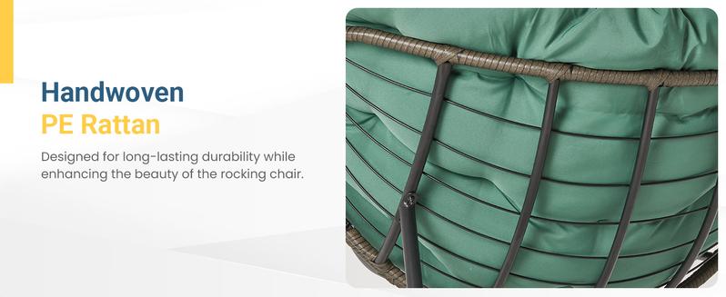 RoyalCraft Patio Rocking Chair with Ottoman, Outdoor Indoor Rocking Egg Chair with Cushions, Metal Lounge Chair Oversized Papasan Chair, Outdoor Wicker Reading Chair for Porch Garden, Green