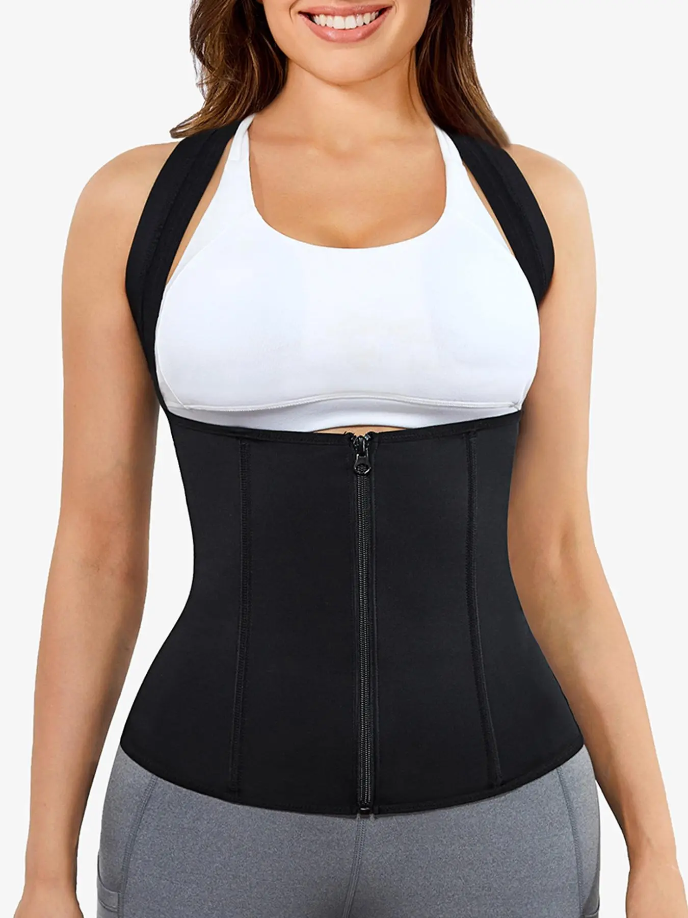 Women's Solid Zipper Front Hook & Eye Closure Shapewear Tank Top, Tummy Control Open Bust Design Shaper, Waist Cincher, Women's Shapewear for Daily Wear