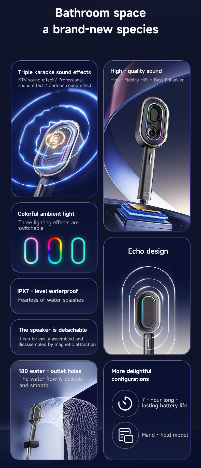 Must-Have for Bathroom Karaoke, Shower Head with Detachable Bluetooth Speaker, IPX7 Waterproof + Call Function, 7-Hour Battery Life + Type-C Fast Charging, Thoughtful Gift, Karaoke Showerhead, Detachable Karaoke Machine