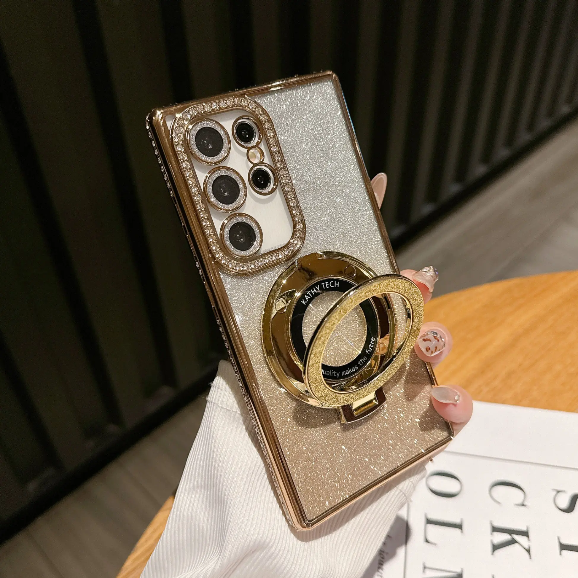Phone Case for  Samsung Galaxy S26 S25 S24 S23 S22 Ultra Plus Fe A57 A27 A36 A37 A17 A35 A55 A56 Gradient Glitter Edge Rhinestone + Glitter Magnifier Stand Phone Case